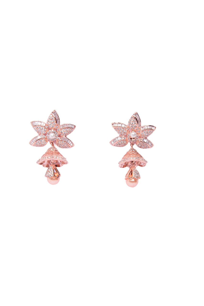 Namokriti Rose Gold Floral Jhumka Earrings with Pearls & CZ Stones